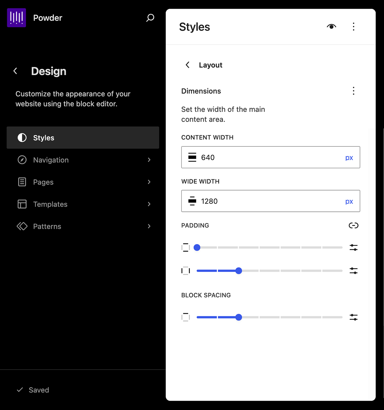 Layout controls to set content width in Powder tWordPress theme