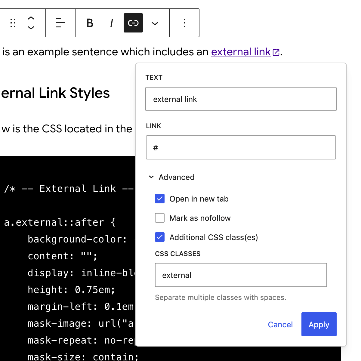 External link in Powder WordPress theme