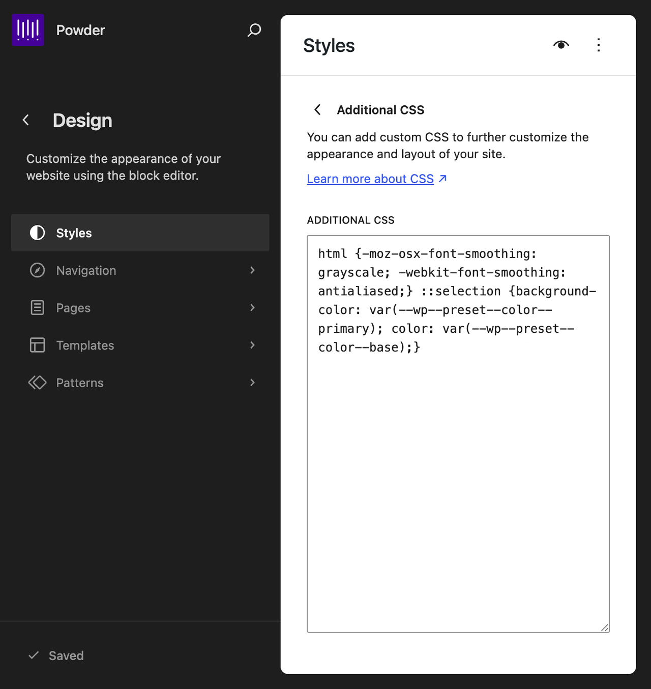 Additional CSS panel in site editor to customize font smoothing